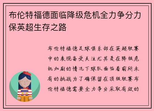 布伦特福德面临降级危机全力争分力保英超生存之路