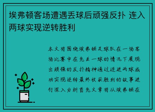 埃弗顿客场遭遇丢球后顽强反扑 连入两球实现逆转胜利