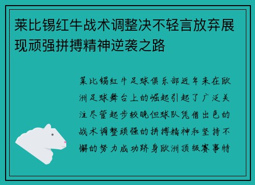 莱比锡红牛战术调整决不轻言放弃展现顽强拼搏精神逆袭之路