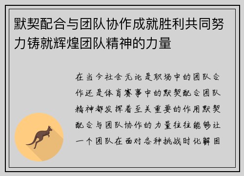 默契配合与团队协作成就胜利共同努力铸就辉煌团队精神的力量