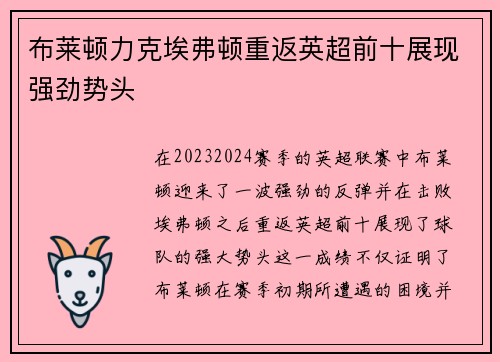布莱顿力克埃弗顿重返英超前十展现强劲势头