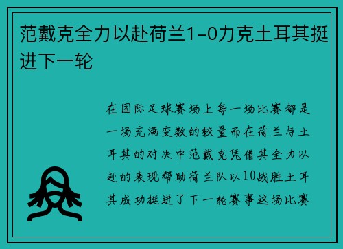 范戴克全力以赴荷兰1-0力克土耳其挺进下一轮