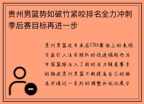 贵州男篮势如破竹紧咬排名全力冲刺季后赛目标再进一步